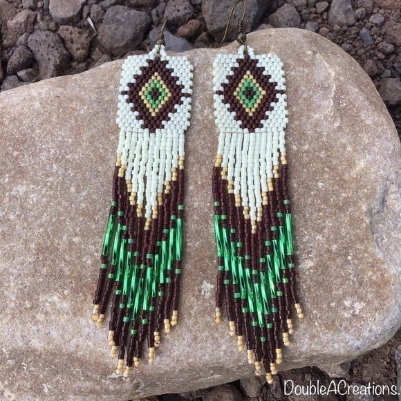 Double A Creations Jewelry - Native Diamond Beaded Earrings with Long Fringe, New, Handmade by Me